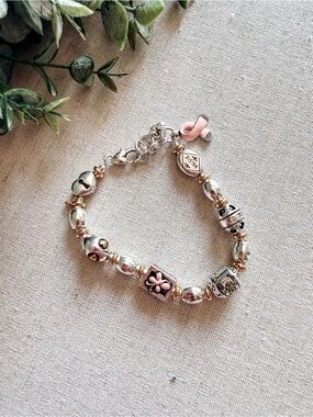 Brighton Sister Charm Bracelet Pink Ribbon Flower Heart Two Tone